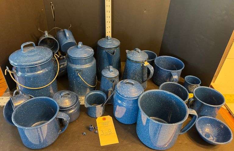 Blue splatter enamelware