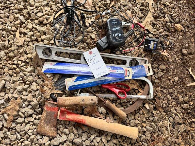 Hatchet, level, battery tenders, misc