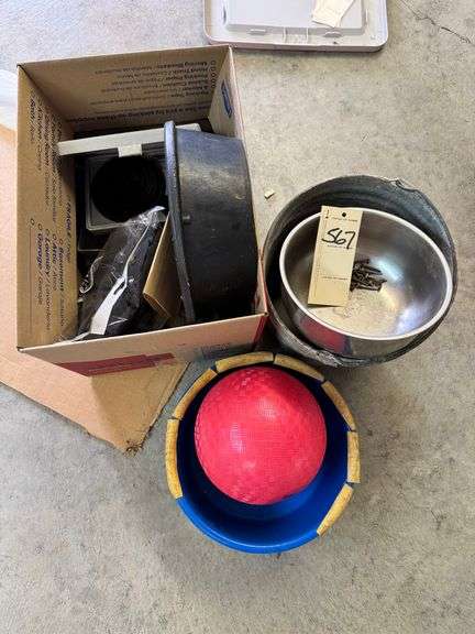 Hole saw kit, sockets, dog water bowls, balls