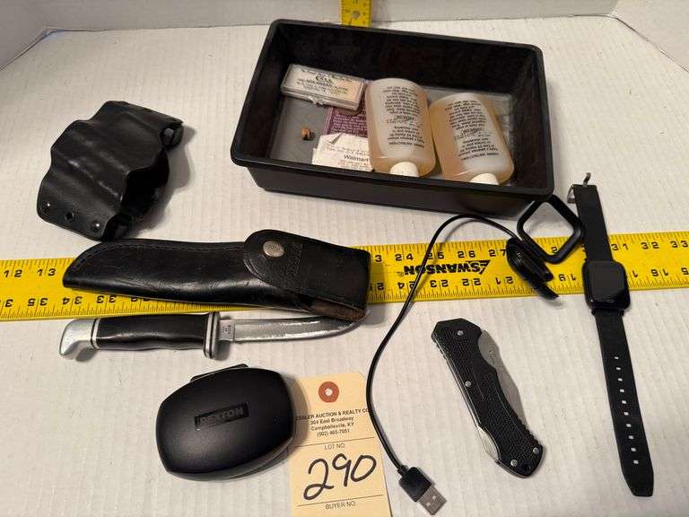 Buck knife, watch, misc