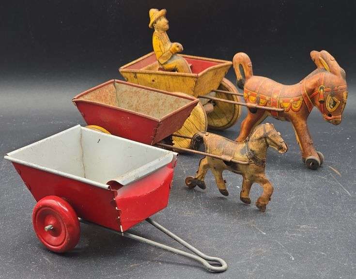(N) Vintage MCM Marx Litho Wind Up Horse & Car, Marx Tin Litho Donkey ...