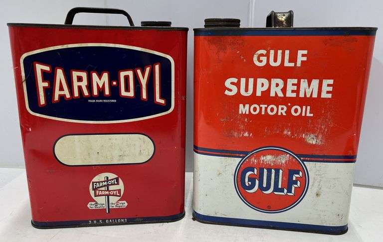 (AI) Vintage 2 gallon Farm-Oyl oil can, Vintage 2-gallon Gulf Supreme ...