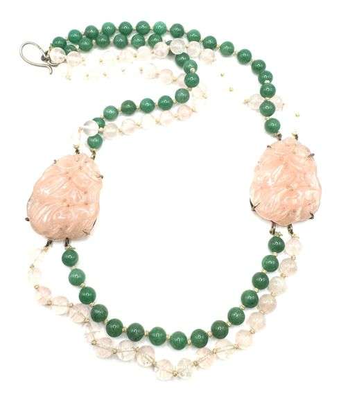 Carved Pink Quartz and Green Quartz Beaded Necklace