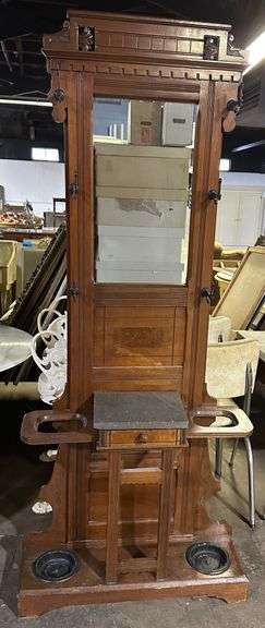 Antique Hall Tree With Mirror And Umbrella Stand