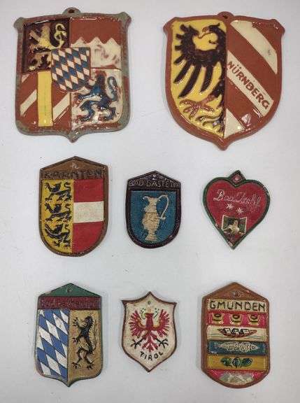 German Terracotta Pin Badges Incl. Bad Reichenhall Coat Of Arms, German City Nurnberg, Karnten Coat 