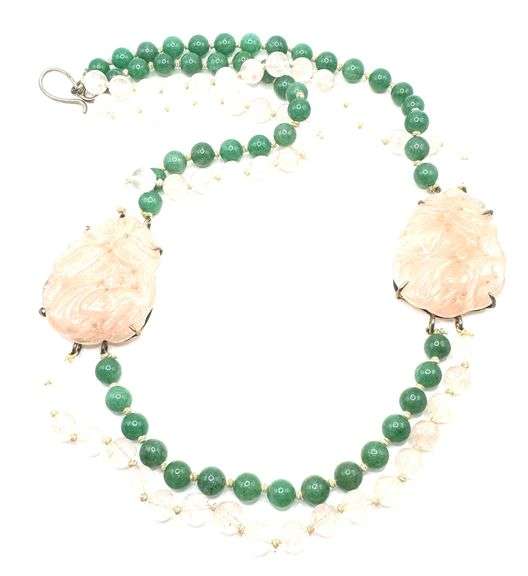 Carved Pink Quartz and Green Quartz Beaded Necklace