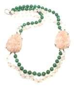 Carved Pink Quartz and Green Quartz Beaded Necklace