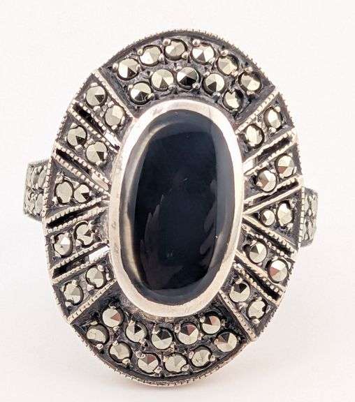 Antique Sterling Black Onyx & Marcasite Art Deco Ring