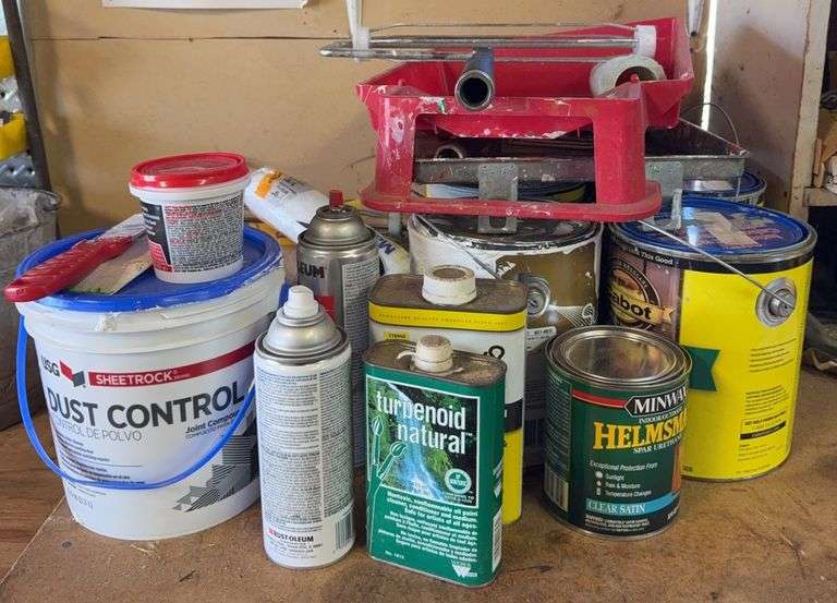 Painting Supplies And Partial Cans Of Paint, Stain, Sealant, And More