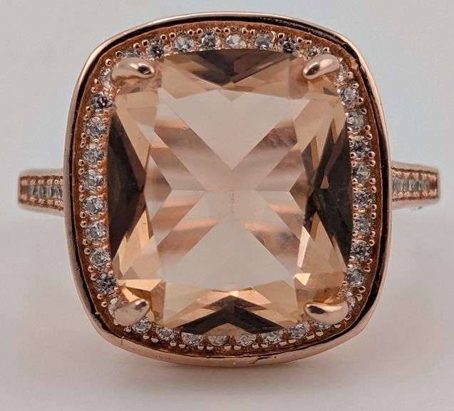 Sterling Rose Gold Plate Cushion Cut Apricot Sapphire Halo Ring