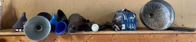 Contents Of Shelf Including Funnels, Grease Guns, Halogen Headlamps & More