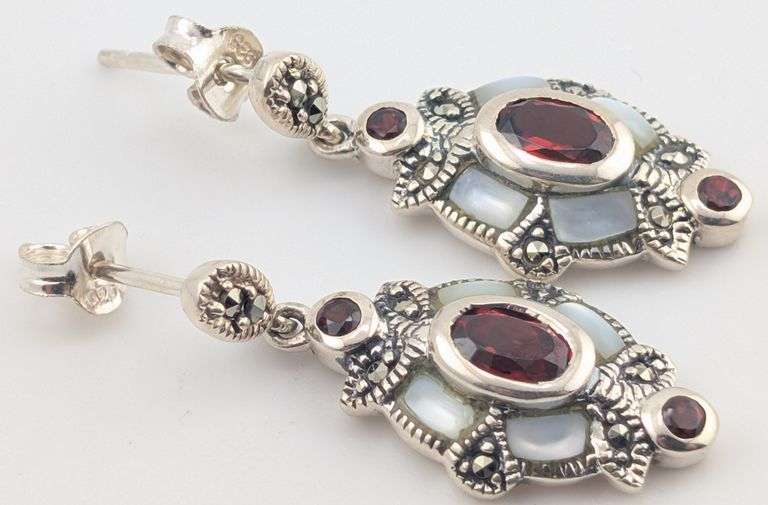 Vintage Sterling Ruby MOP & Marcasite Dangle Earrings