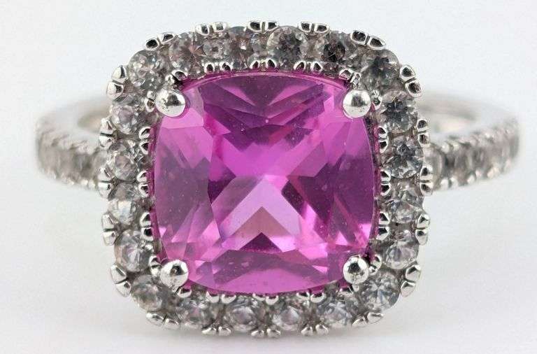 Sterling Princess Cut Pink Sapphire Halo Ring