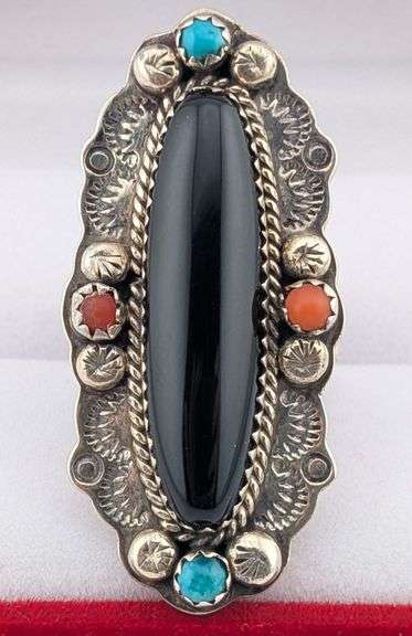Vintage Sterling Navajo Robert Johnson RMJ Signed Onyx & Turquoise Ring