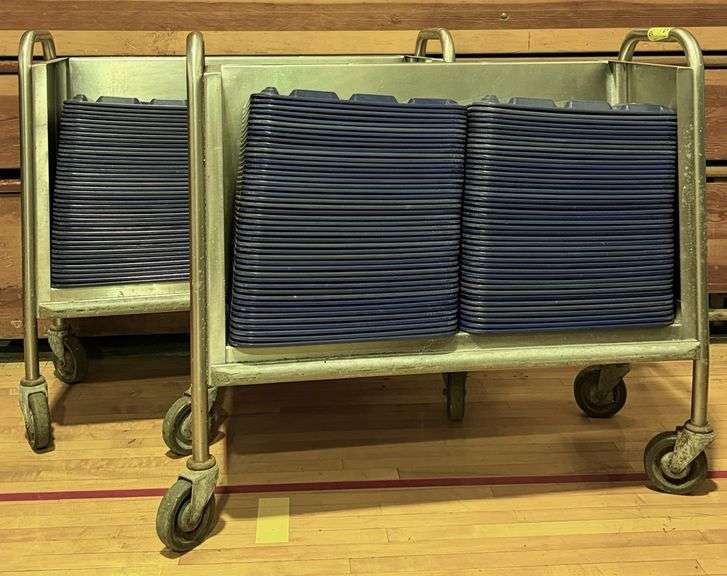 (2) Commercial Stainless Rolling Lunch Tray Racks with Trays