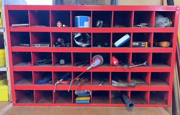 Metal Bench Organizer With Contents