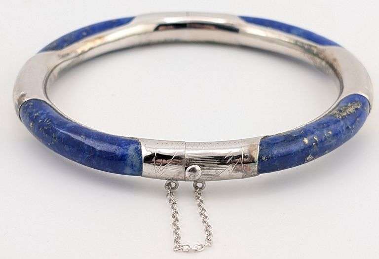 Vintage Sterling Lapis Lazuli Hinged Bangle Bracelet