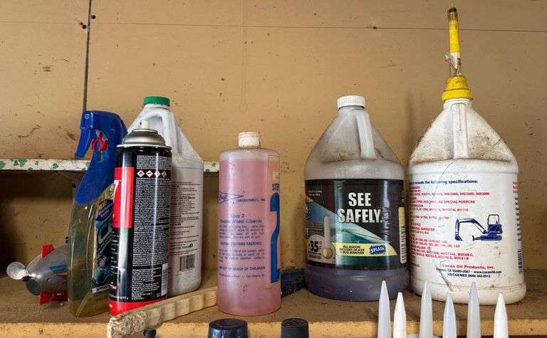 Contents Of Shelf Including Mean Green Cleaner, Windshield Wiper Fluid And More