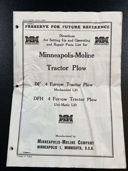 Directions For Setting Up/Operating And Repair Parts List For Furrow Tractor Plow
