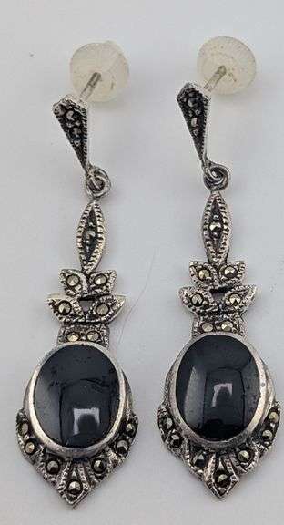 Vintage Sterling Black Onyx & Marcasite Dangle Earrings