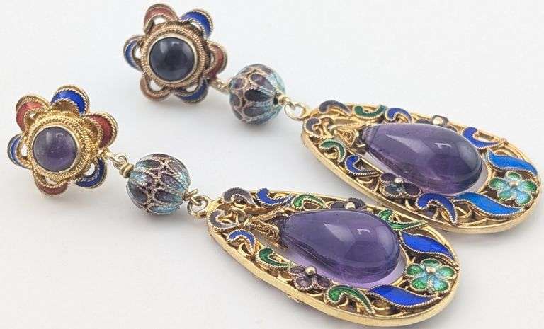Antique Chinese Sterling Gold Gilt Cloisonne Enamel Amethyst Earrings