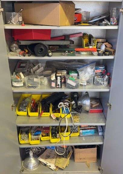 Grey Metal Locking Storage Cabinet, Key Included, With Contents