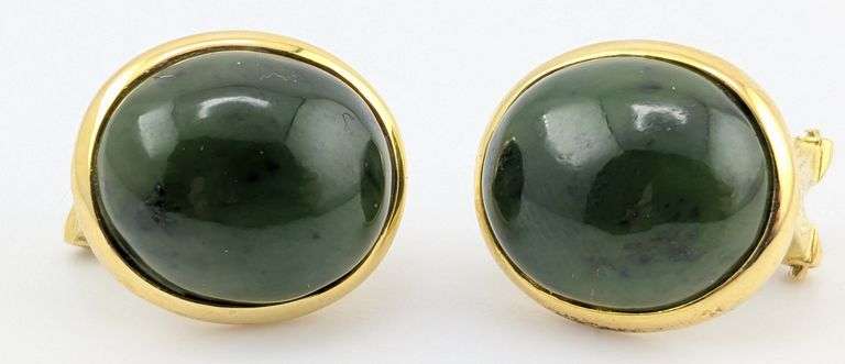 Sterling Gold Tone Oval Jade Stone Earrings