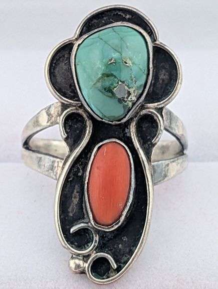 Vintage Sterling Navajo Old Trade Turquoise & Coral Ring