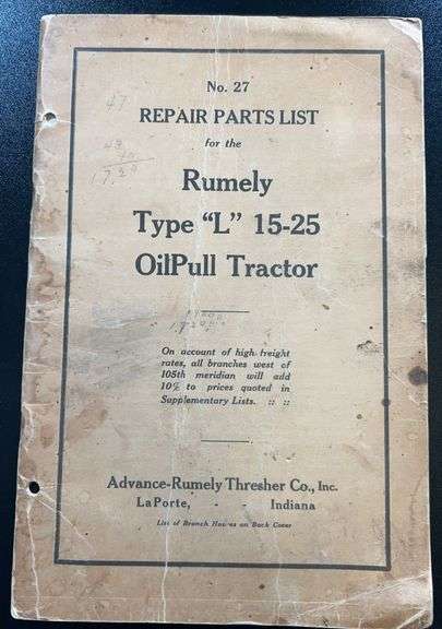 (AA) Rumely Type “L” 15-25 OilPull Tractor Repair Parts List