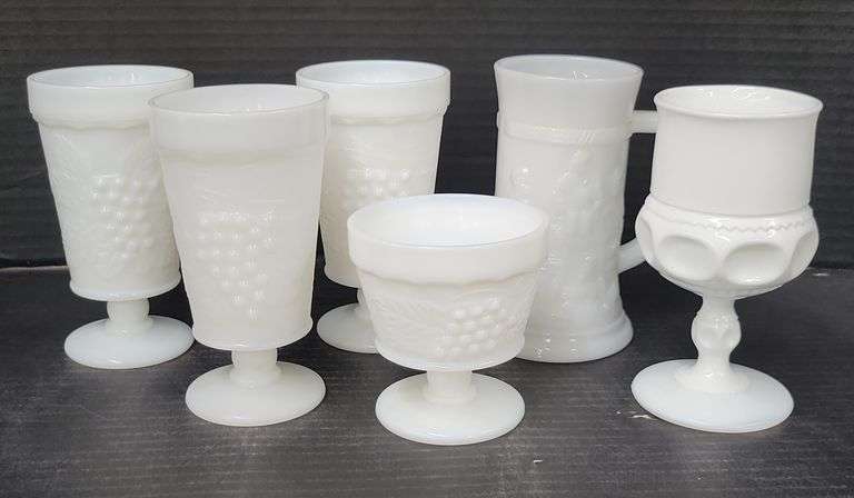 Mgoblets (M) Milk Glass Footed Goblets With Grape Vine Pattern, Beer Stein With ...