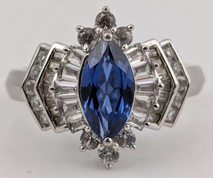 Sterling Marquis Cut Tanzanite & White Sapphire Art Deco Style Ring