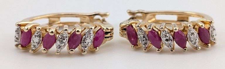 Sterling Gold Tone Ruby & Diamond Hoop Earrings