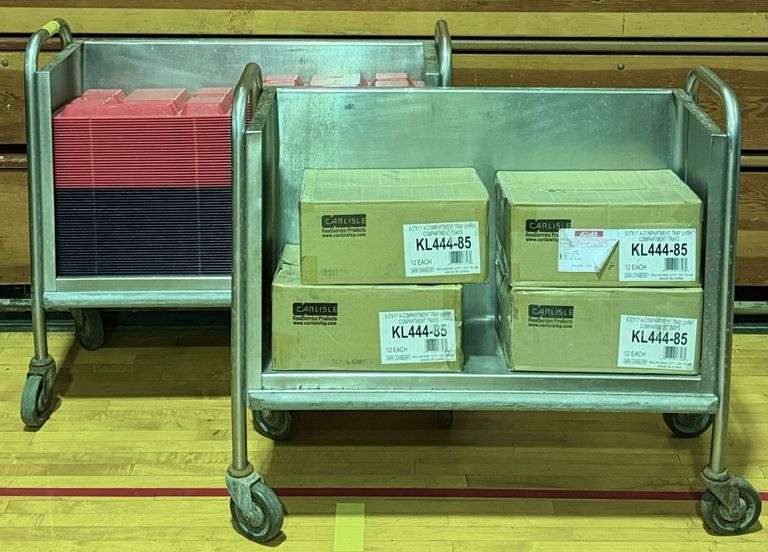 (2) Commercial Stainless Rolling Lunch Tray Racks with Trays