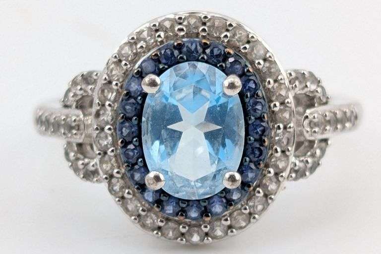 Sterling Oval Aquamarine & Sapphire Double Halo Ring