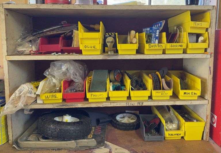 Bench Top Wooden Shelving Unit With Contents