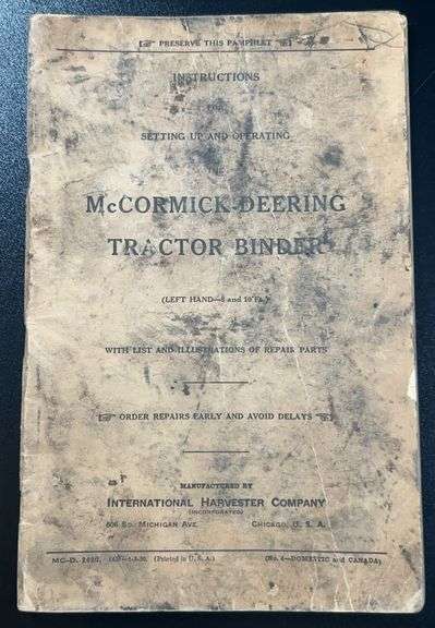(AA) McCormick- Deering Instructions For Setting Up And Operating Tractor Binder