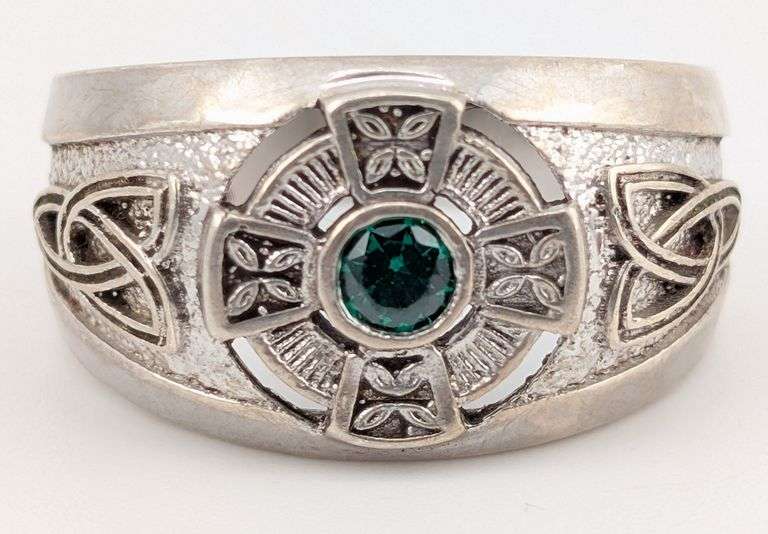 Vintage Men's Sterling Celtic Cross Emerald Ring