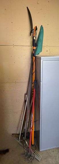 Yard Tools Including Rake, Rotary Hand Cultivator, Pole Saw, And More