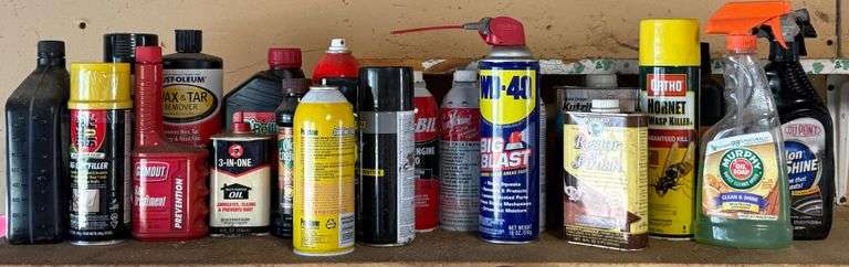 Contents Of Shelf Including Wood Restorer, Lubricants, Gas Treatment, & More