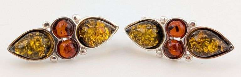Vintage Sterling Two Tone Amber Drop Earrings