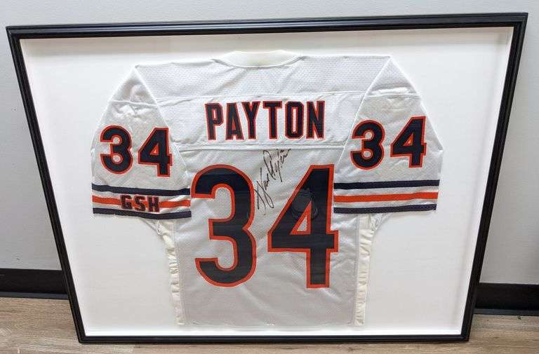 Signed Walter Payton Chicago Bears Football Jersey Framed Behind Glass