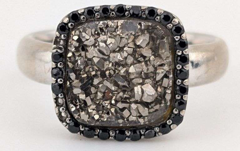 Vintage Sterling Milor Italy Druzy & Black Spinel Ring