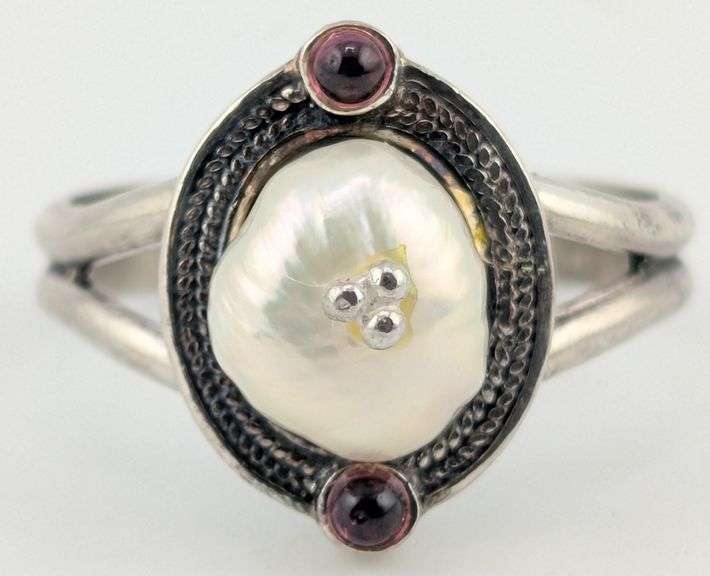 Vintage Sterling Pearl & Ruby Ring