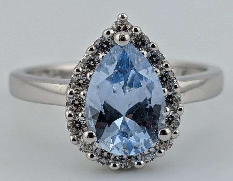Sterling Pear Cut Aquamarine & White Sapphire Halo Ring