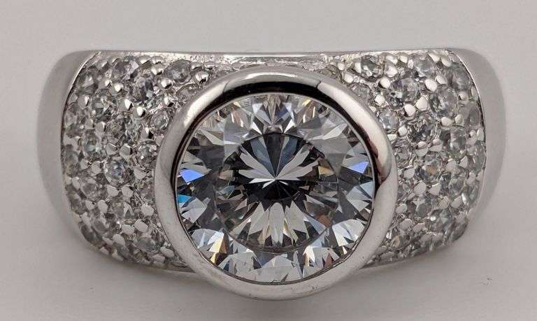 Sterling Round Cut White Sapphire & Pave Sapphires on Shank Ring