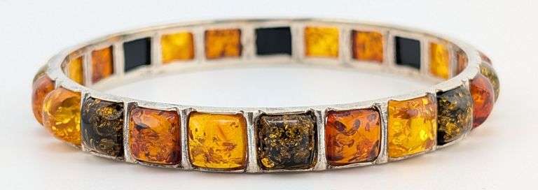 Vintage Sterling Multi Colored Amber Bangle Bracelet