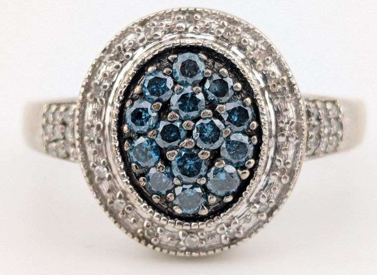 Sterling Blue ,& White Diamond Halo Ring