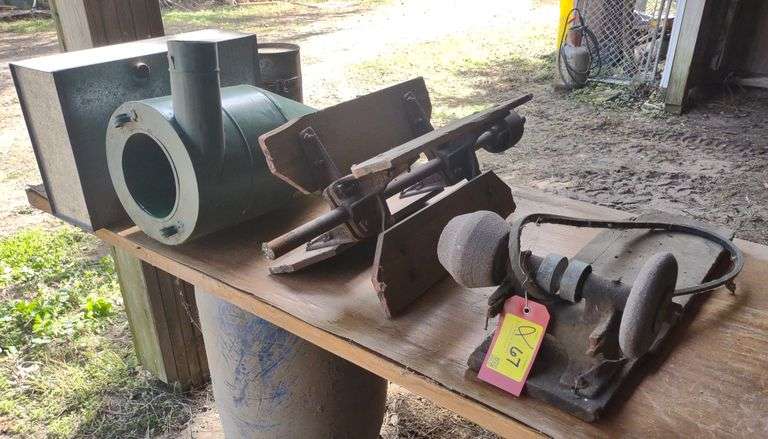 Vtg. Bench Grinder, Tiller Attachment, Air Cleaner Part, Etc