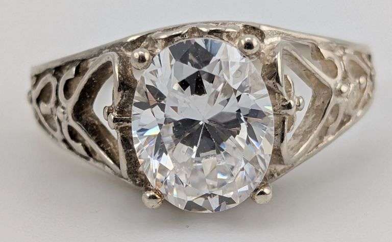 Sterling Oval White Sapphire Filigree Heart Ring