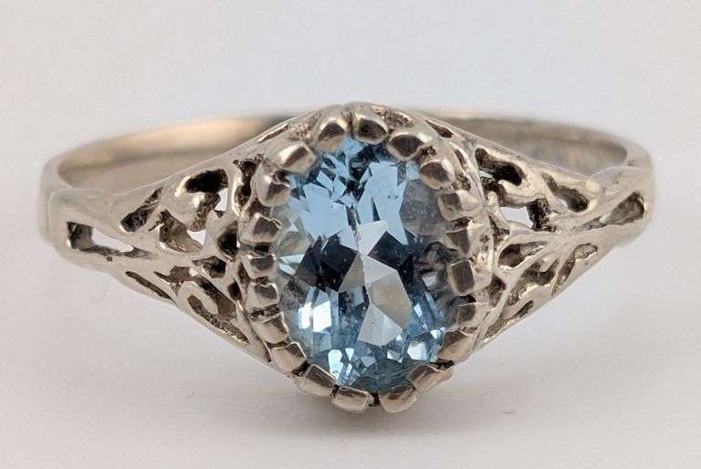 Sterling Aquamarine Filigree Art Deco Style Ring